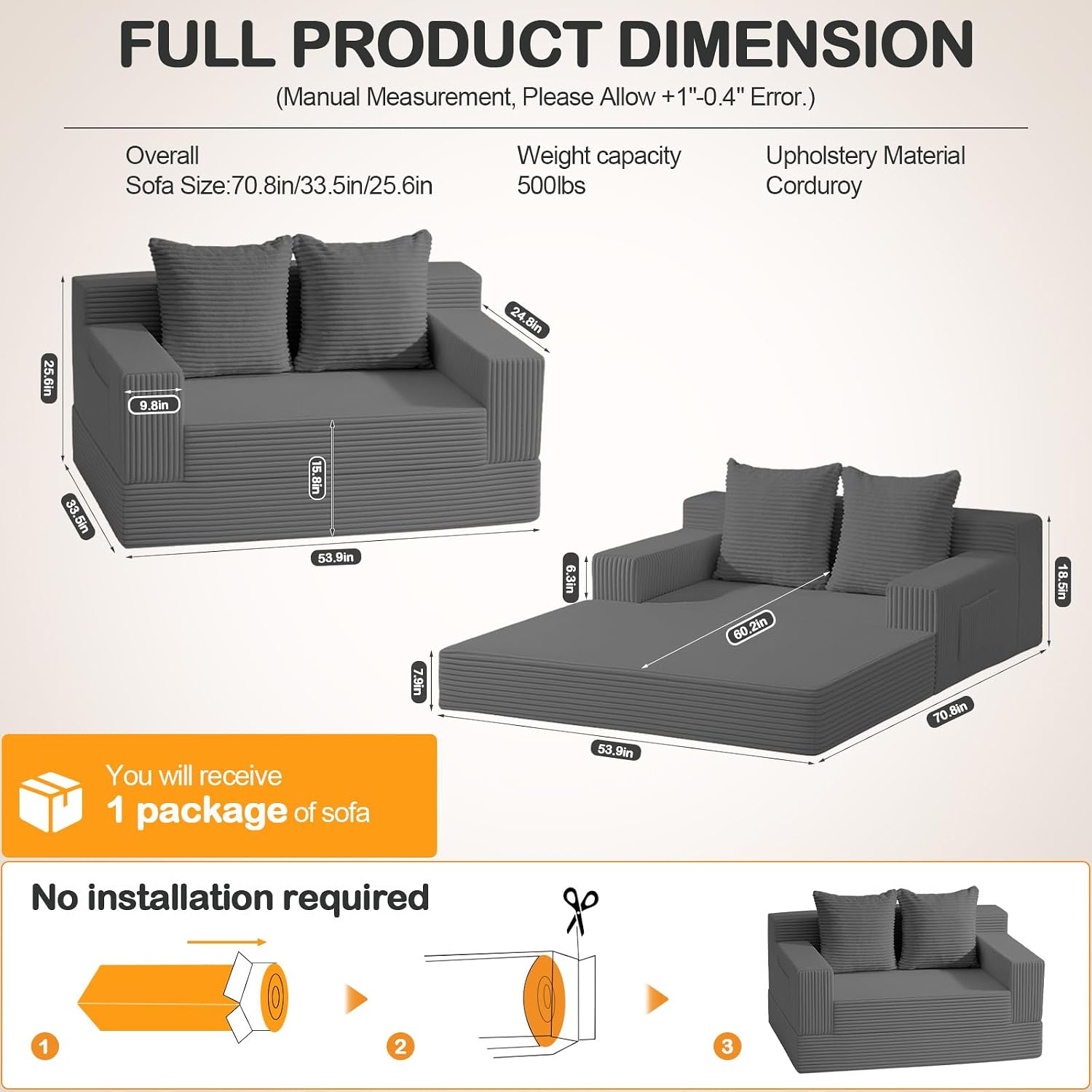 Erament Convertible Sofa Bed, Loveseat Folding Floor Futon Sleeper Sofa Couch Bed- Boneless Foldable Couch, Corduroy Pull Out Sofa Bed with 2 Pillows for Living Room & Bedroom