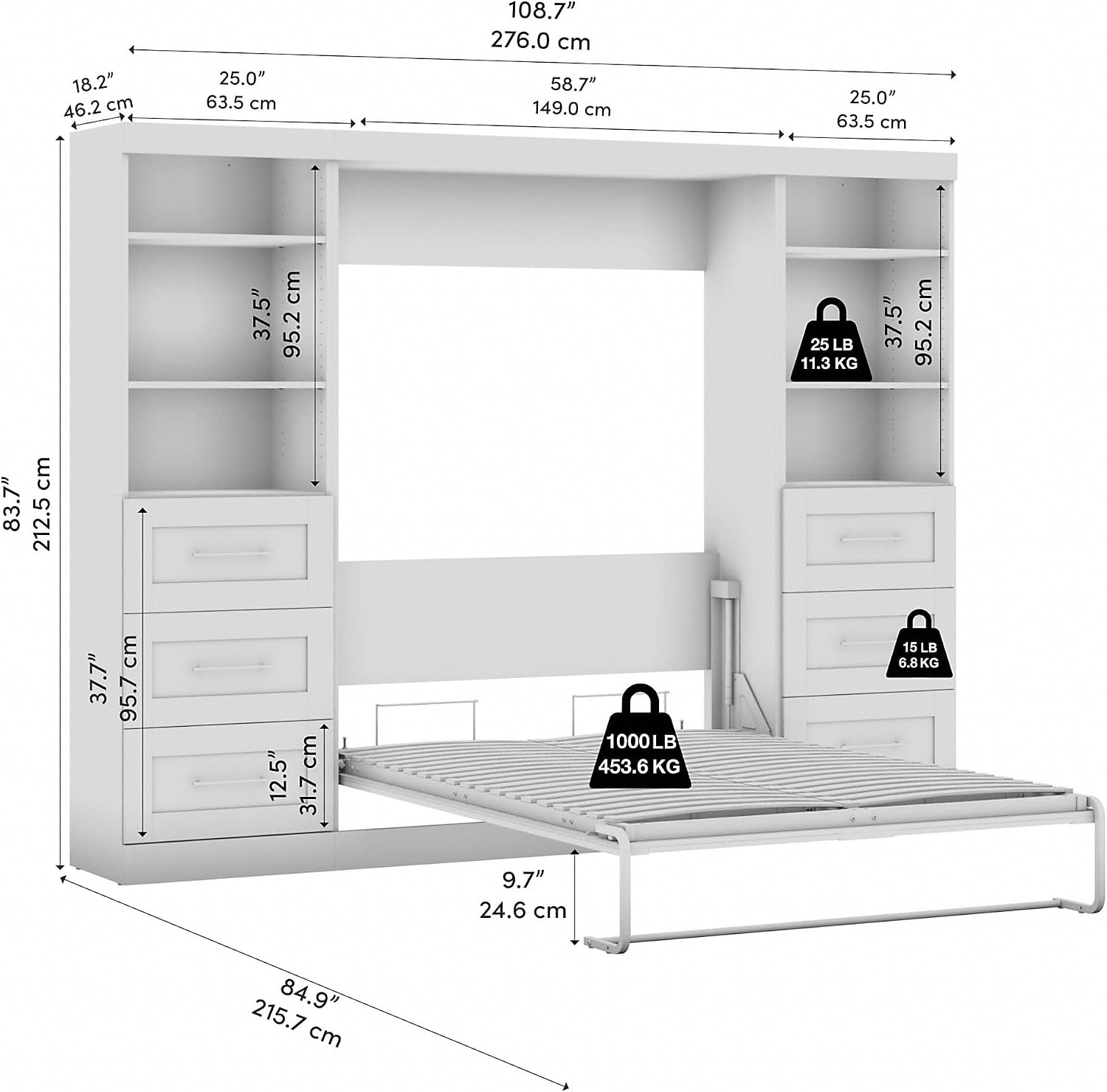 Bestar Pur Full Murphy Bed and 2 Shelving Units with Drawers, 109-inch Space-Saving Wall Bed