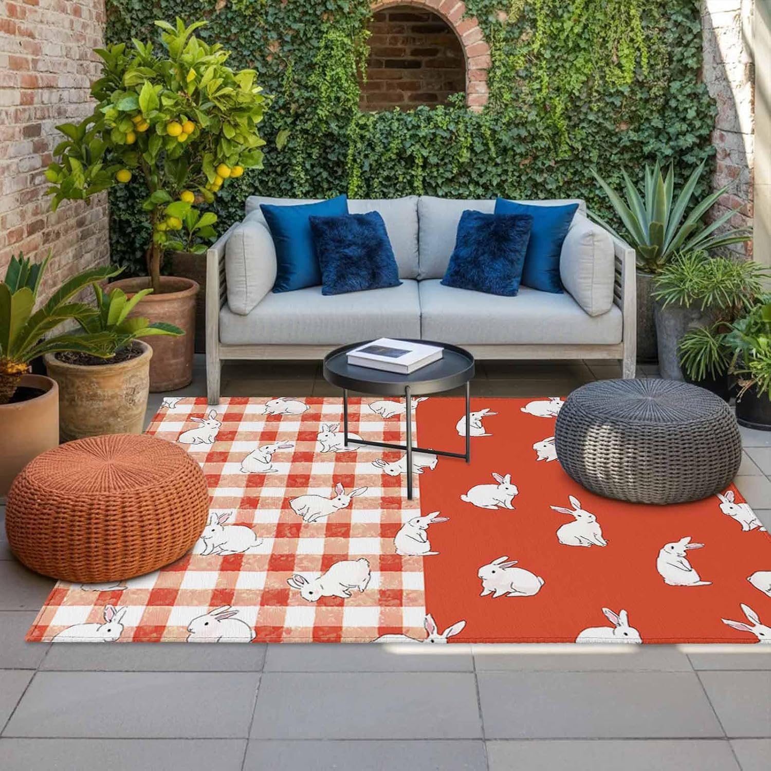 Japanese Rabbits Outdoor Rug for Patio/Deck/Porch, Non-Slip Large Area Rug 4 x 6 Ft, Vintage Orange Red Plaid Farmhouse Indoor Outdoor Rugs Washable Area Rugs, Reversible Camping Rug Carpet Runner