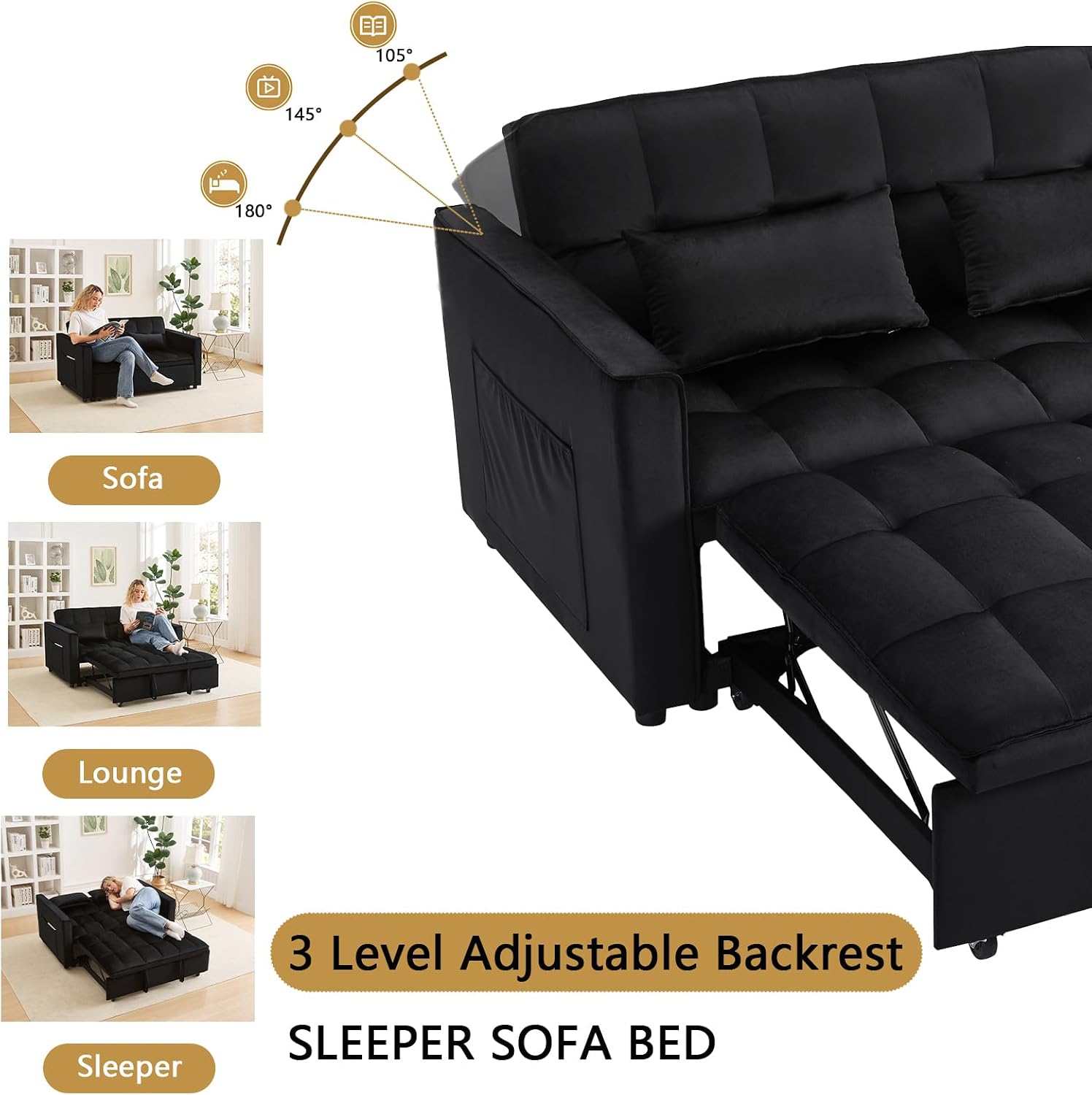 Convertible Sofa Bed,3 in 1 Pull Out Couch Adjustable Backrest, Modern Velvet Upholstery Sleeper Sofa Bed, Loveseat Couch for Living Room, Bedroom & Apartments (Black)