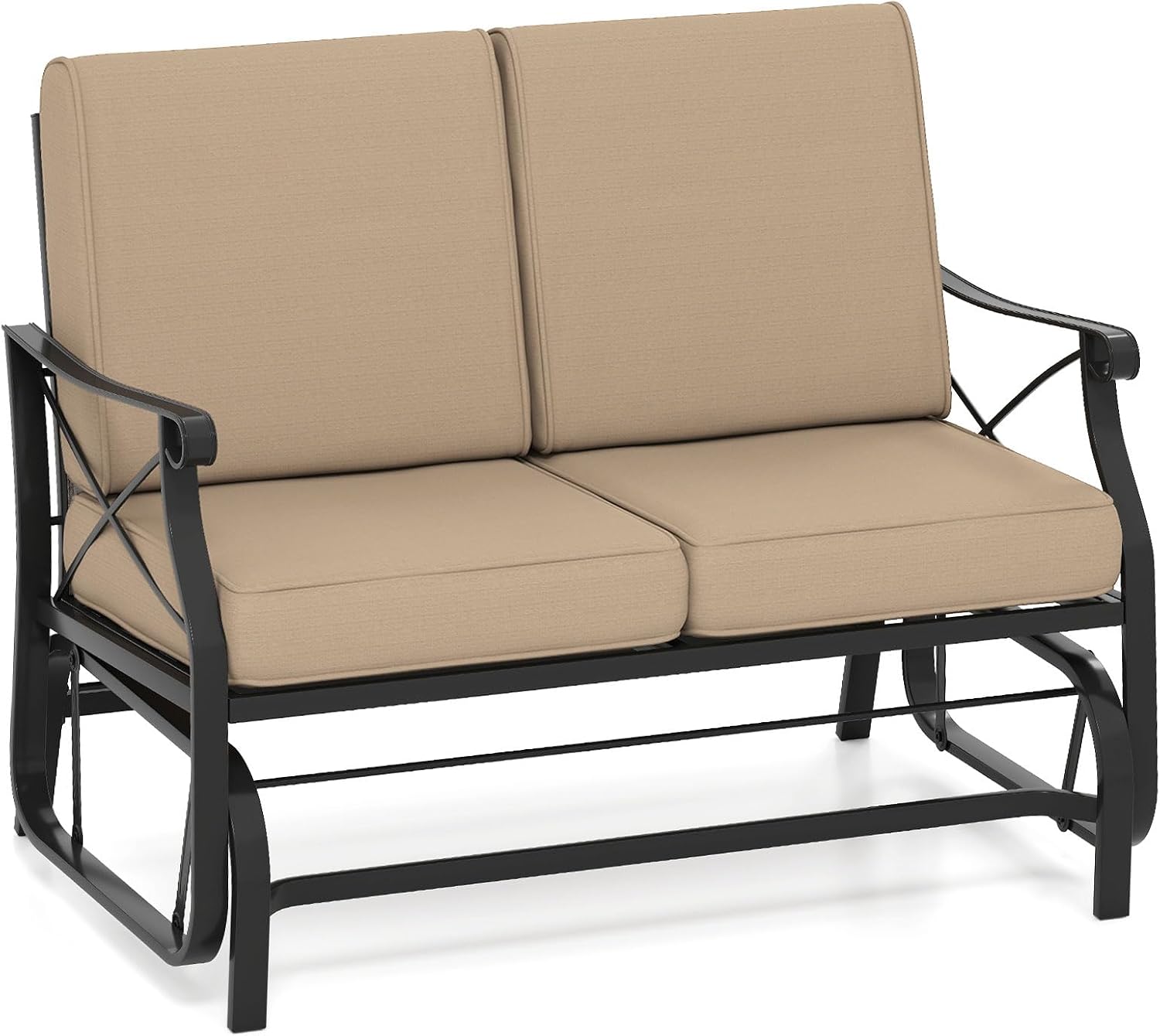 Tangkula Patio Glider Bench, 2-Person Swing Gliding Loveseat with Breathable Fabric Seat & Soft Cushions, 660 LBS Metal Frame Outdoor Rocking Chair for Porch, Poolside, Backyard
