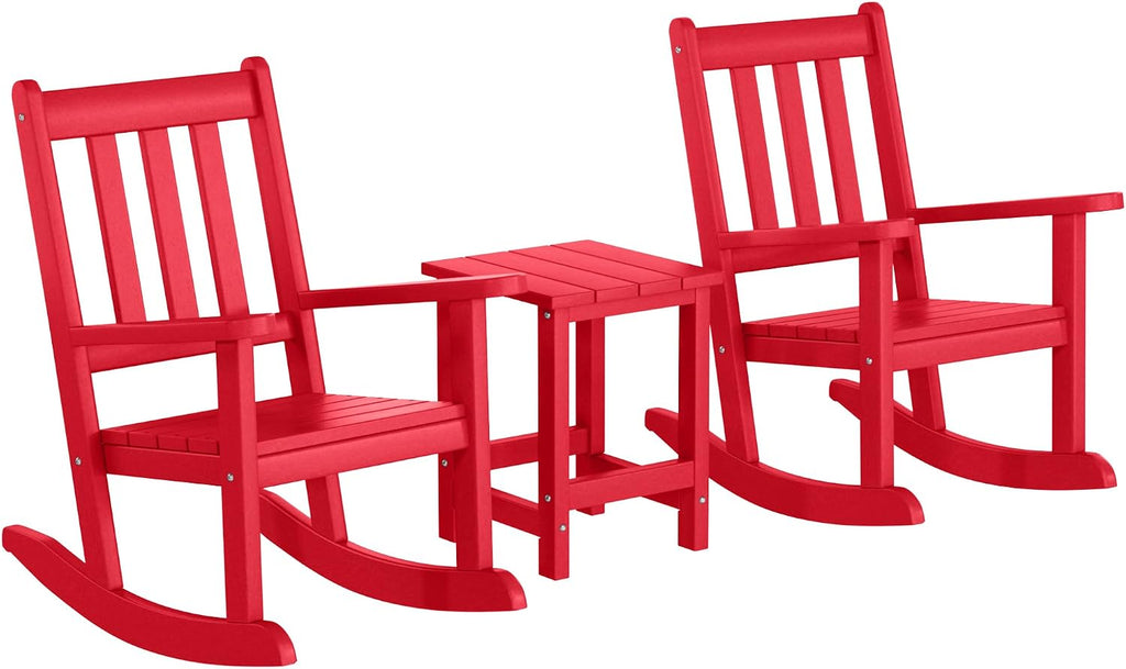 WestinTrends Malibu 3-Piece Kids Outdoor Rocking Chairs Set with Kids Square Side Table, Red