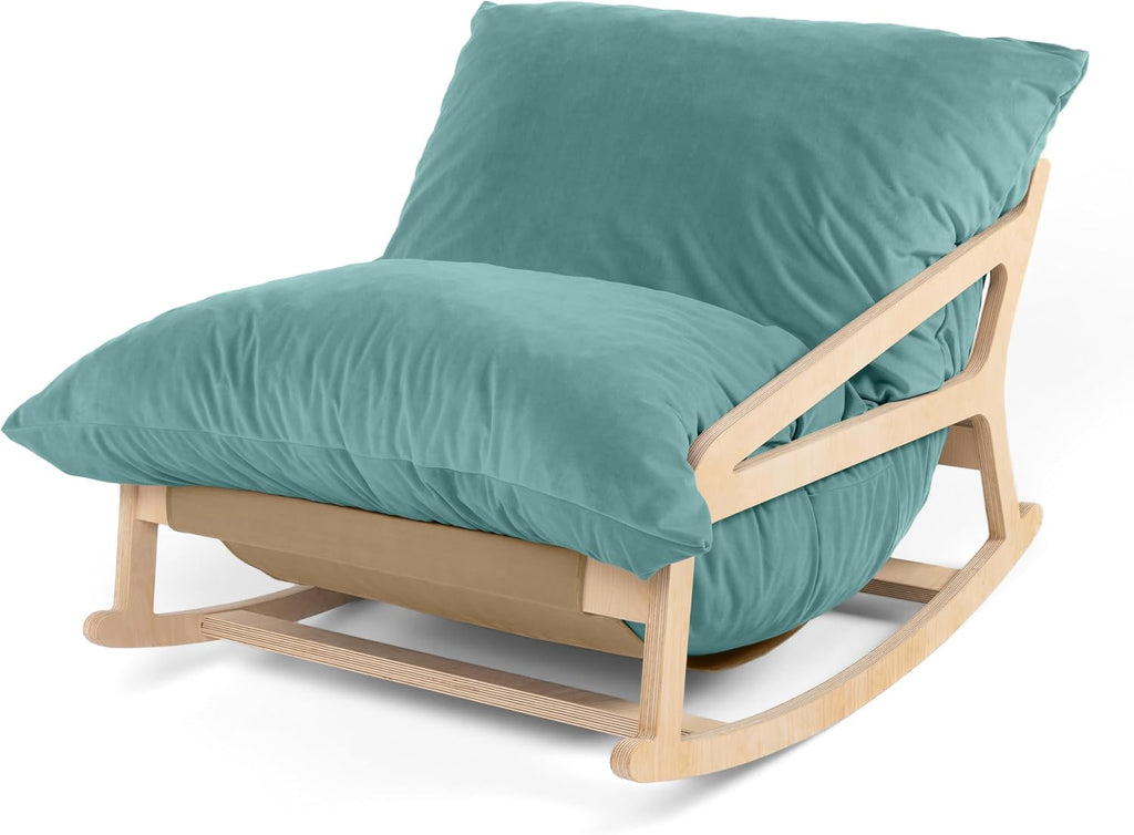 Pillow Saxx Bean Bag Rocking Chair - Elegant Oversized Rocker with Modern Wood Frame, Lush Velvet Turquoise