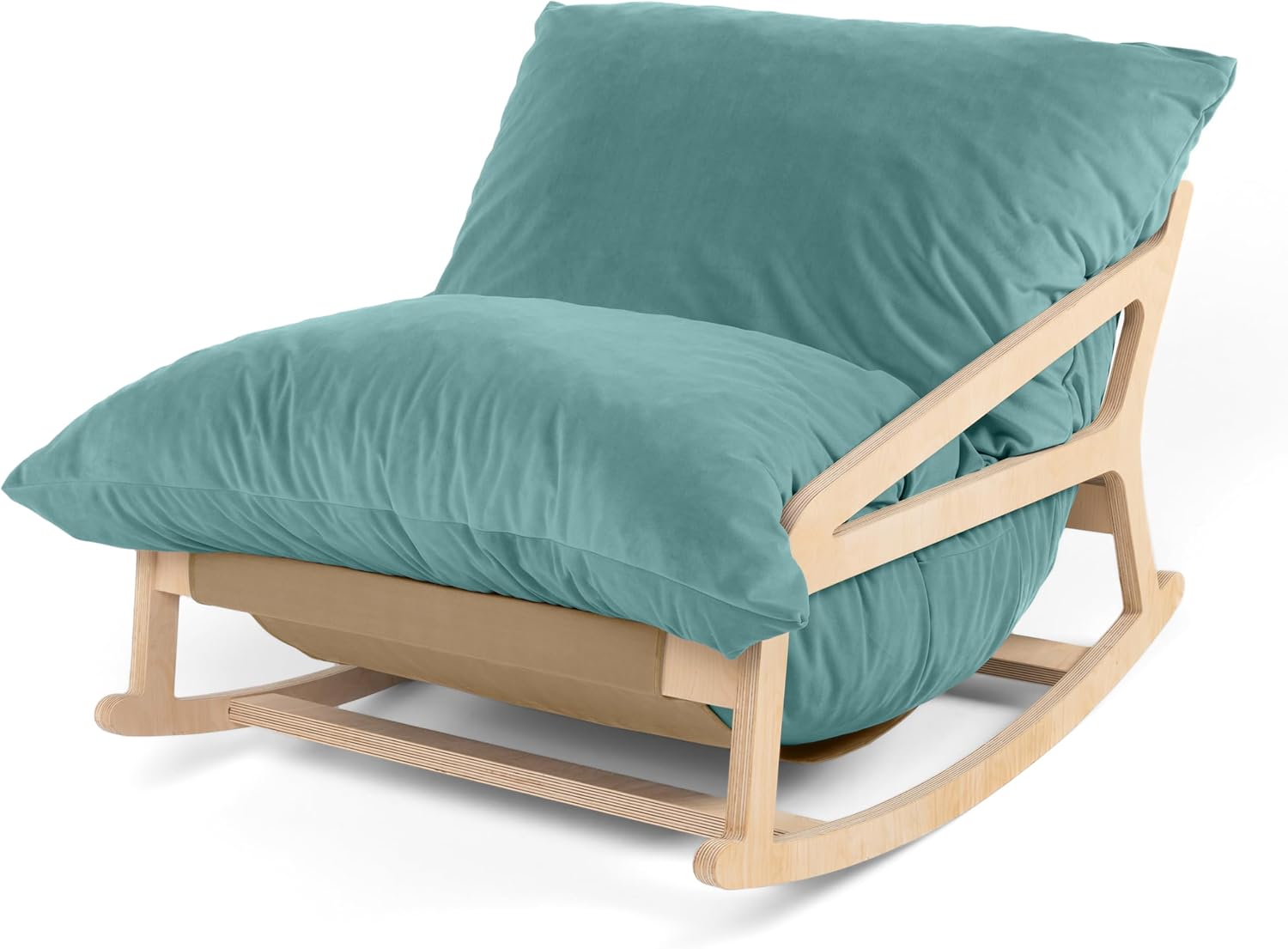 Pillow Saxx Bean Bag Rocking Chair - Elegant Oversized Rocker with Modern Wood Frame, Lush Velvet Turquoise
