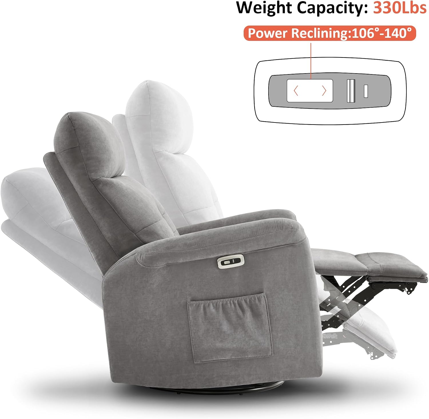 MCombo Power Swivel Glider Recliner Chair, Electric Rocker Recliner Chairs with USB Charging Ports for Living Room and Nursery, Fabric 7763 (Light Grey)