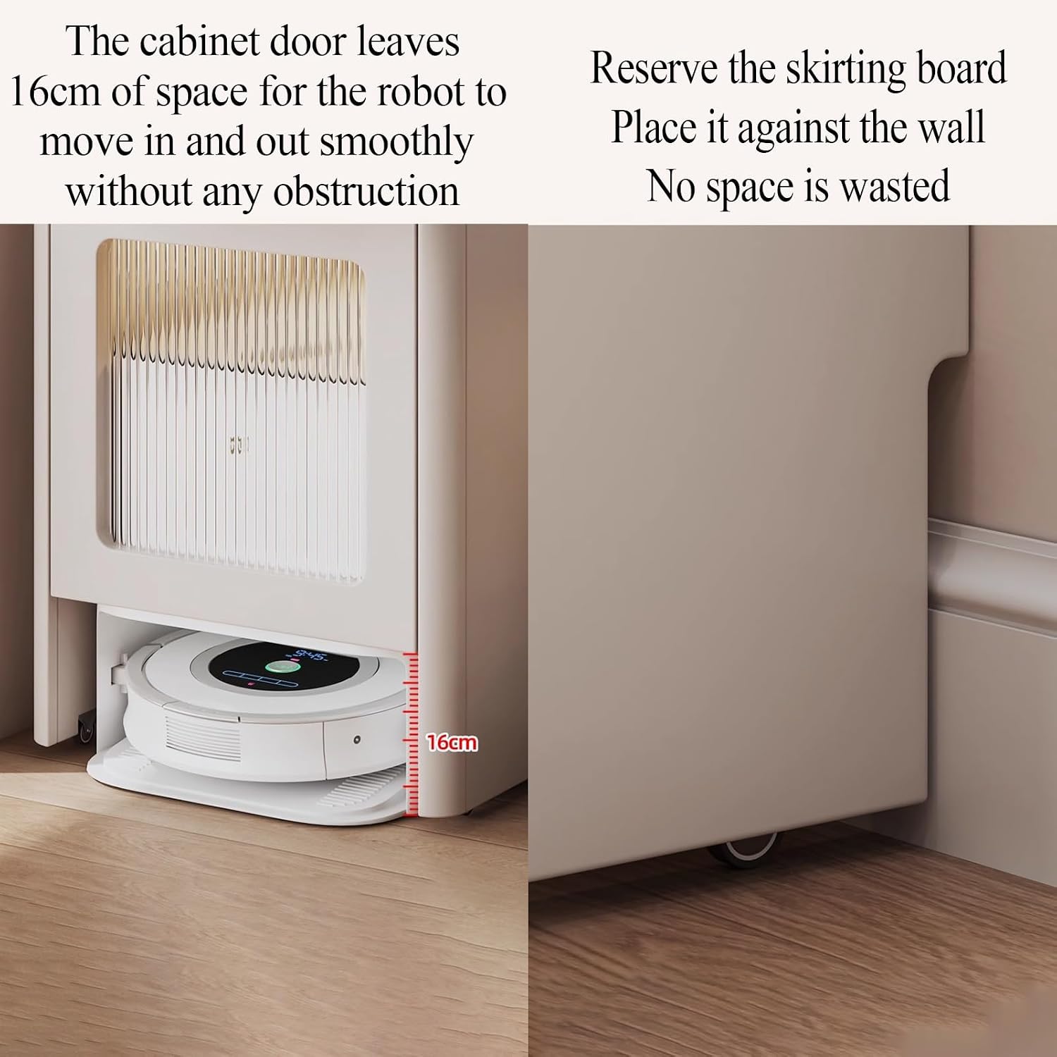 Wood Side Table with Drawer for Self Emptying Robot Vacuum Cleaner, Small Storage Cabinet with Wheels, Home Organizer 2-Door Freestanding Rack Space Saver(Natural)