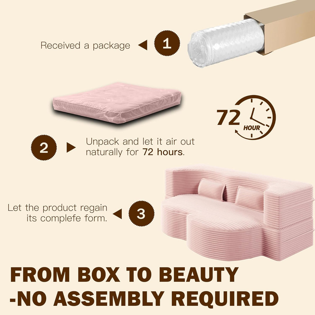 78' Twin Size Convertible Folding Sleeper Sofa Bed, Corduroy Futon Sofa Bed with Pillow, Foam Mattress Loveseat Cloud Couch, No Assembly Floor Couches for Living Room, Playroom, Apartment Baby Pink