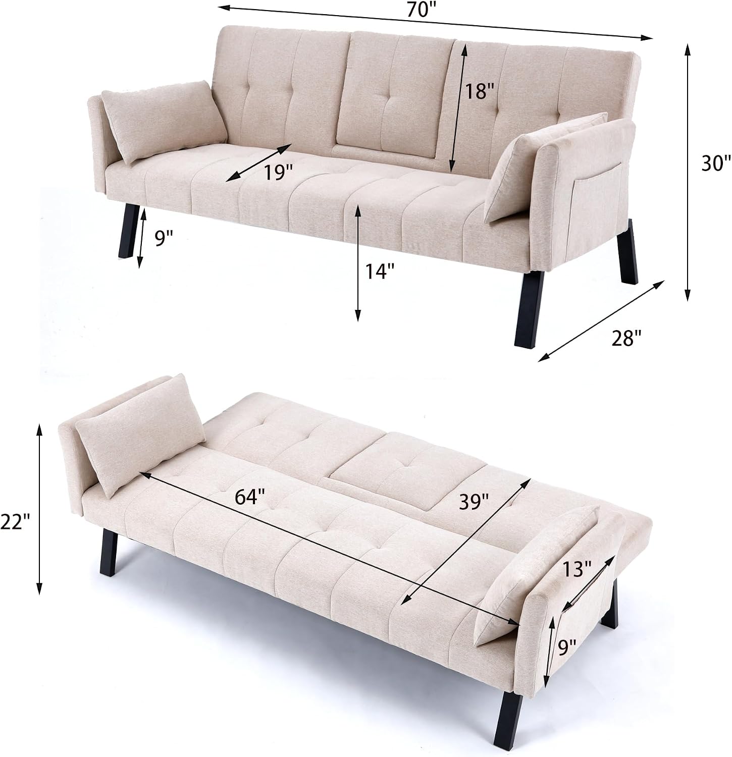 70' Futon Sofa with Cupholders,Adjustable Backrest Cotton Linen with Cup Holders and 2 Throw Pillows Sleeper Sofa for Living Room Apartment Small Space (Beige)