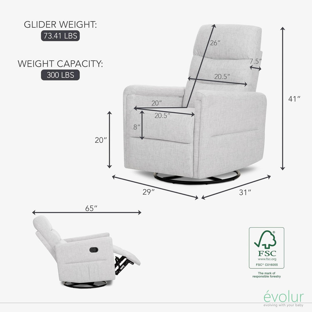 Evolur Peyton Manual Glider Recliner – Fog Grey, Rocking & 360° Swivel with Smooth Glide – GREENGUARD Gold & FSC Certified – Modern Nursery and Living Room Chair