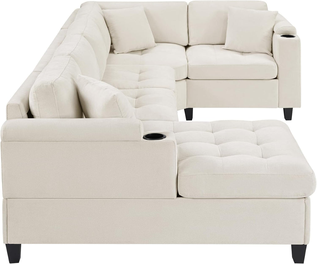 Merax 115.7' U-Shaped Chenille Sectional Sofa, 4 Seat Corner Couch Oversized with Built-in Cup Holders, 3 Pillows, Storage Space for Living Room, Beige
