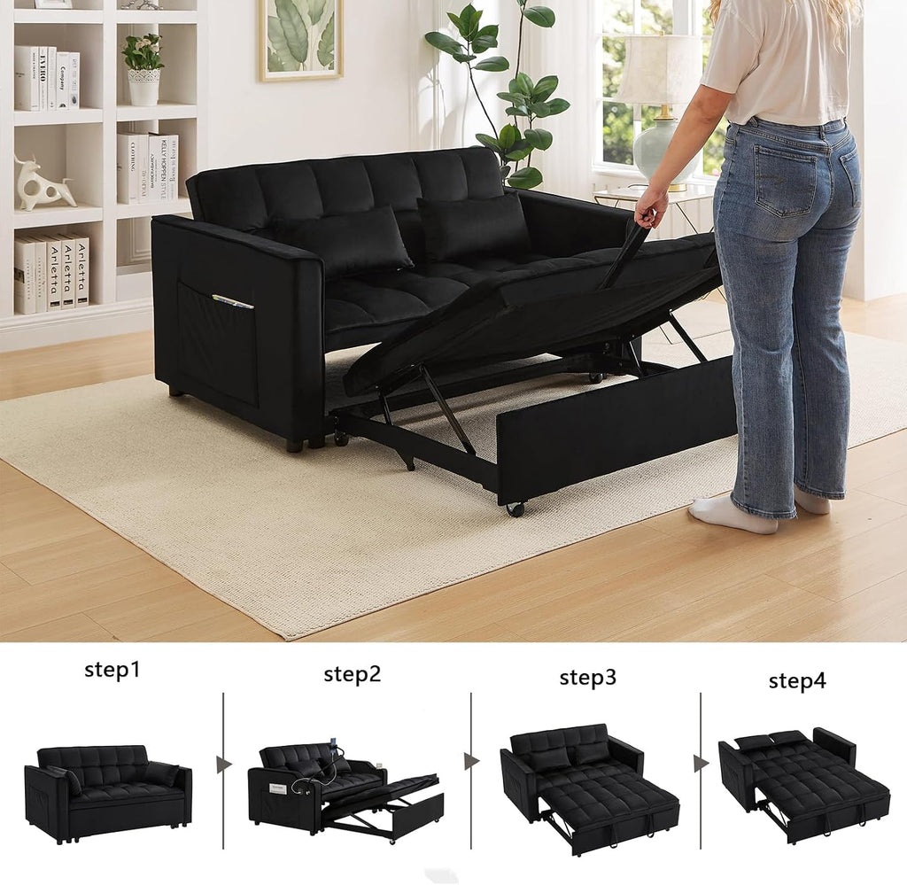 Convertible Sofa Bed,3 in 1 Pull Out Couch Adjustable Backrest, Modern Velvet Upholstery Sleeper Sofa Bed, Loveseat Couch for Living Room, Bedroom & Apartments (Black)