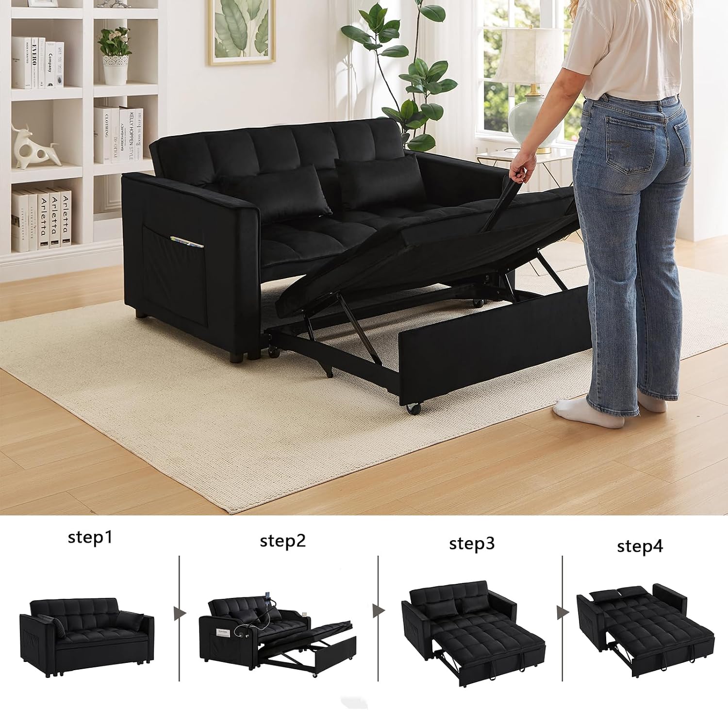 Convertible Sofa Bed,3 in 1 Pull Out Couch Adjustable Backrest, Modern Velvet Upholstery Sleeper Sofa Bed, Loveseat Couch for Living Room, Bedroom & Apartments (Black)