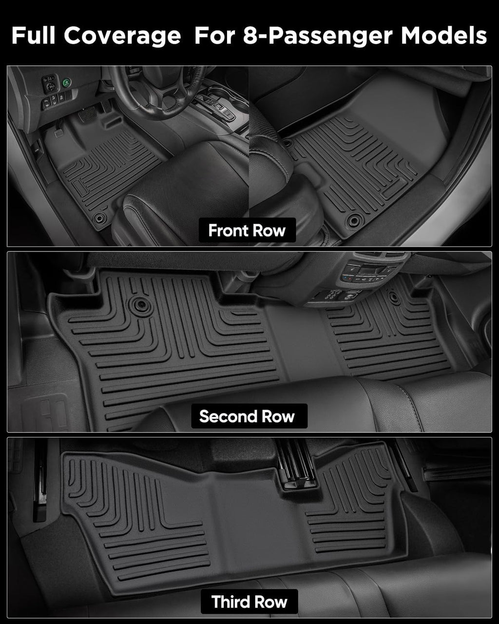 Car Floor Mats for Honda Pilot 2016-2022 8 Seats (No Elite Models), Accessories for Honda Pilot 2016-2022, All Weather Black Rubber Liners for Cars, Custom Fit Trunk Mat Back Seat Cover, 4PCS