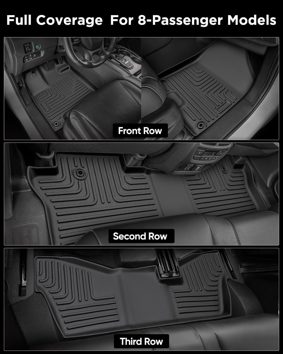 Car Floor Mats for Honda Pilot 2016-2022 8 Seats (No Elite Models), Accessories for Honda Pilot 2016-2022, All Weather Black Rubber Liners for Cars, Custom Fit Trunk Mat Back Seat Cover, 4PCS
