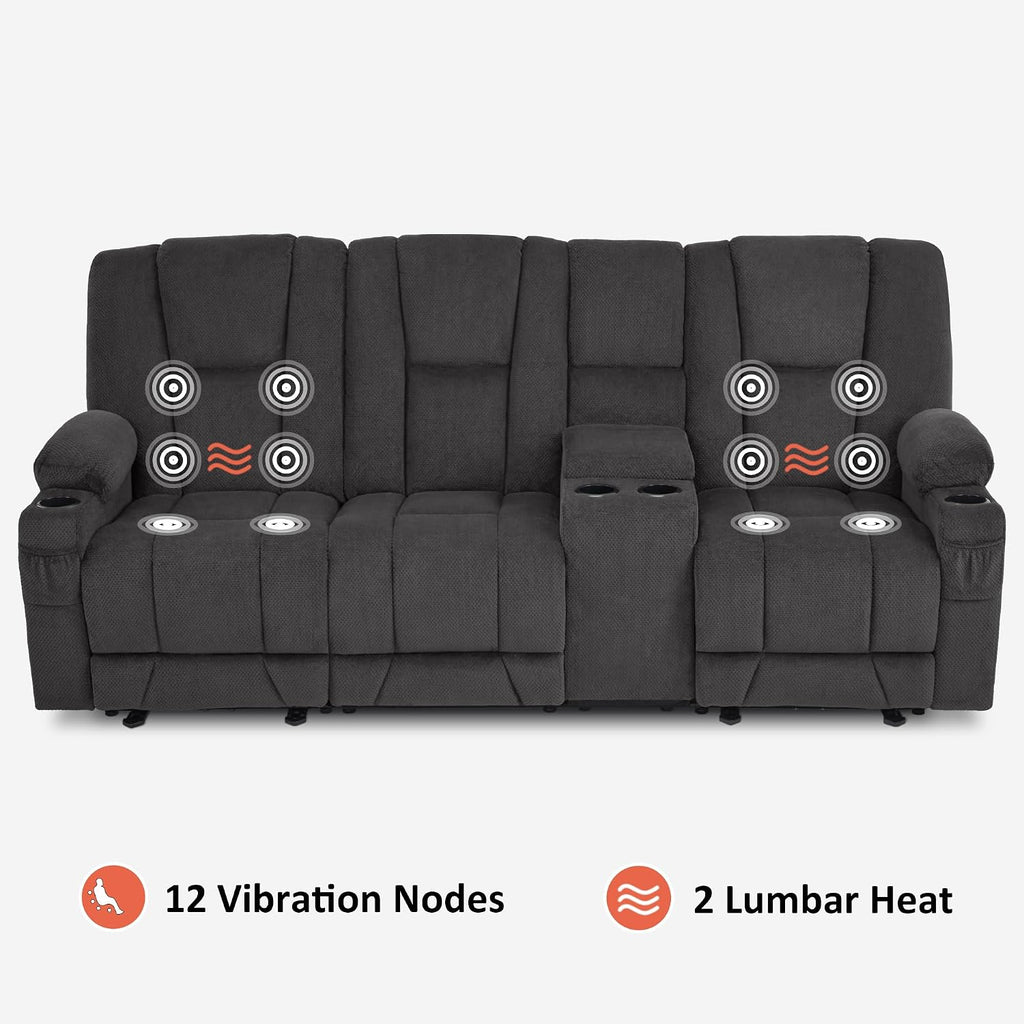 MCombo Zero Gravity 3 Seater Power Reclining Sofa with Console, Heat and Vibration Massage, Recliner Couch for Living Room, Fabric 6035SET (Grey, 3 Seater with Console)