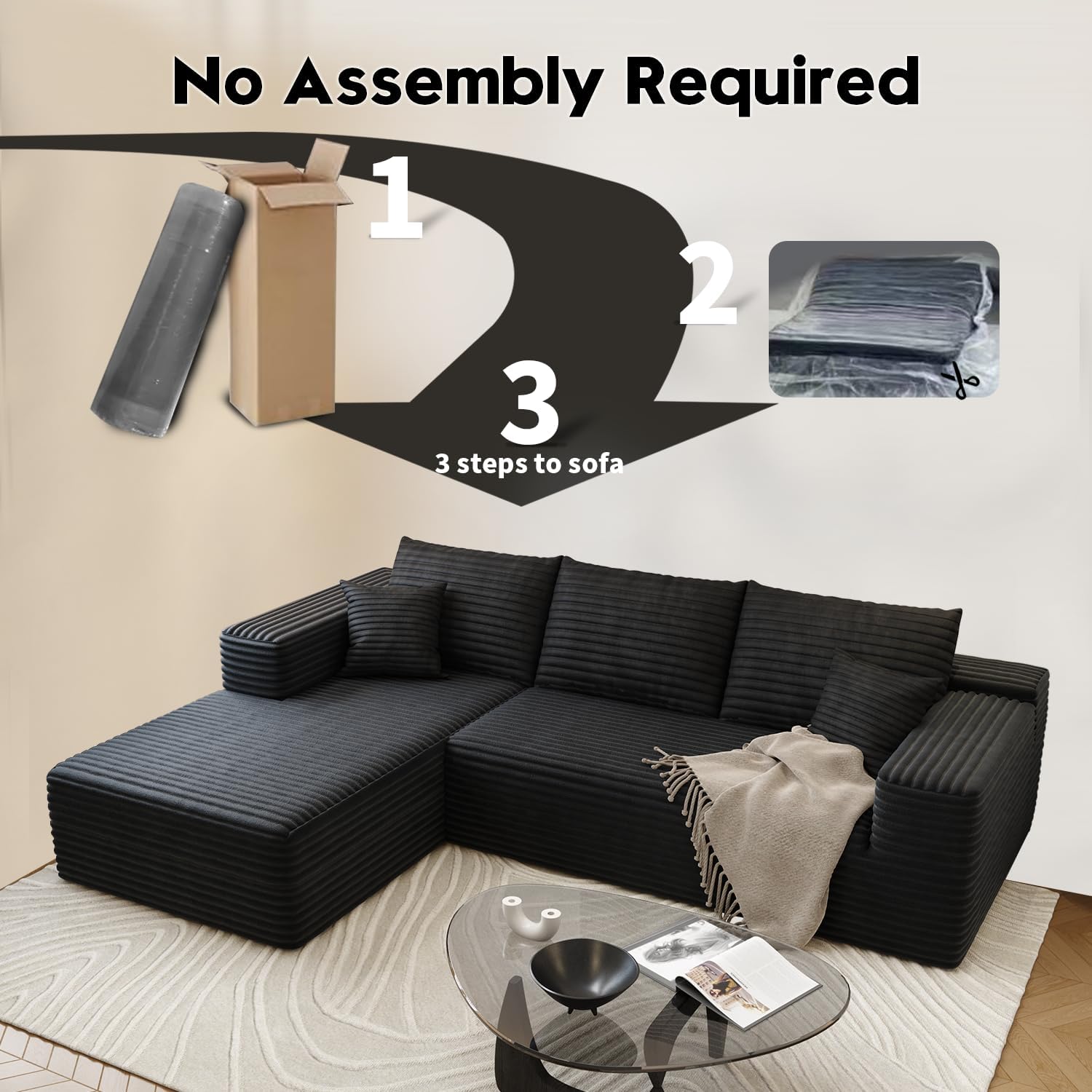 107.5' Cloud Sectional Couch with L-Shape Chaise,Modern Modular Sofa with Deep Seat, Upholstered Couches for Living Room Bedroom Apartments,No Assembly Required, (Black,Left Facing Chaise)