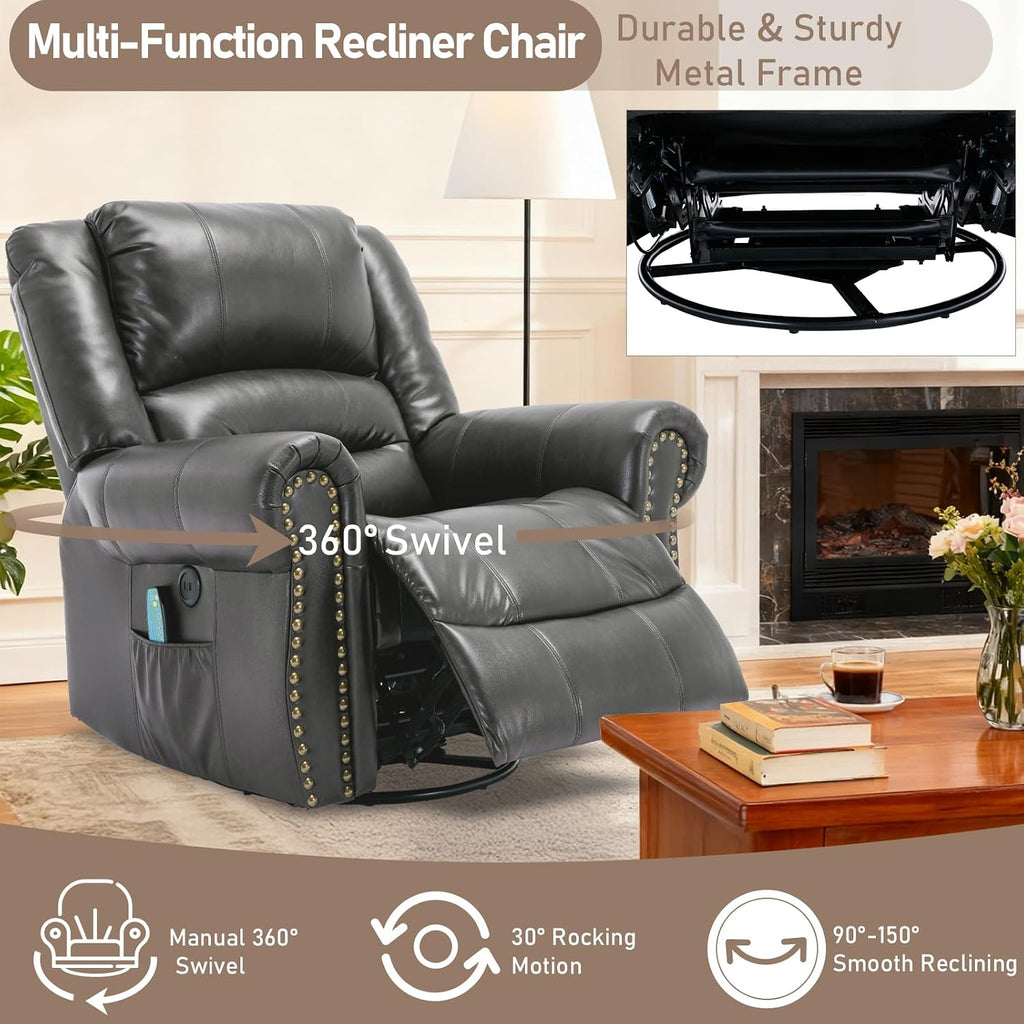 Manual Massage Swivel Rocker Recliner with Heat and Vibration, 360° Swivel Glider Rocking Recliner Chair, Classic Living Room Lounge Recliners with Side Pockets & USB Ports, Dark Gray