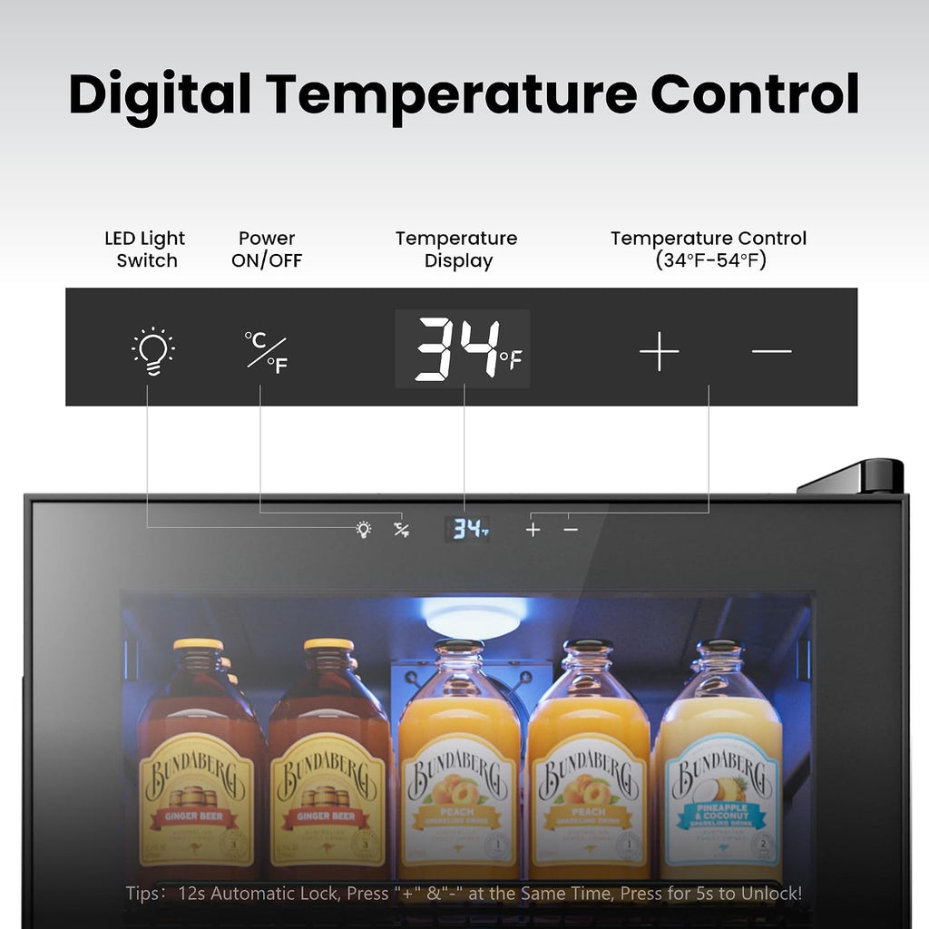 Yeego Beverage Refrigerator, 130-Can Mini Fridge with Glass Door, Adjustable Shelves & Digital Temperature Control for Soda, Beer, and Wine – Suitable for Home or Office Use