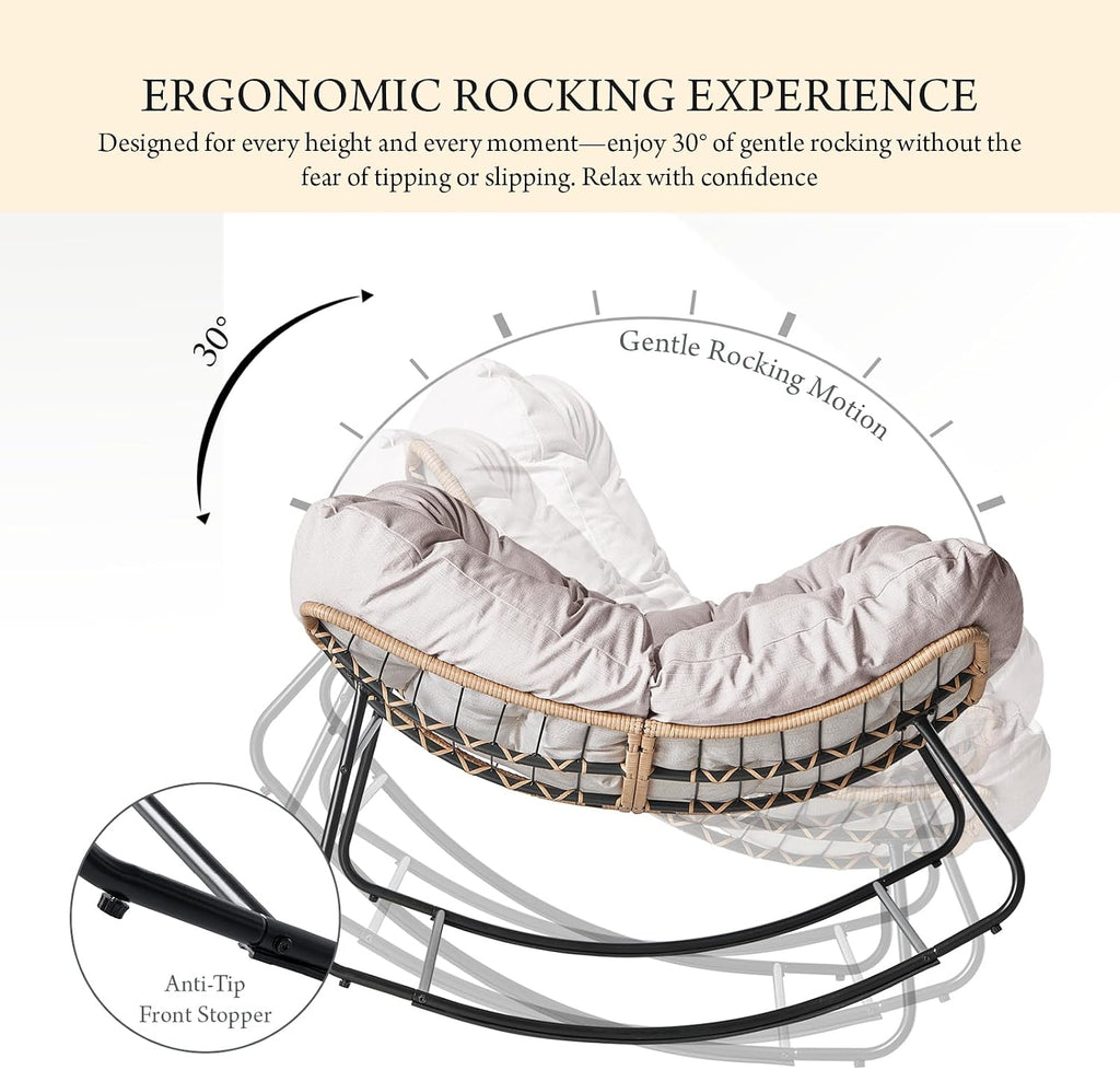Outdoor Rocking Chair, Oversized Papasan Wicker Lounge Chair with Cushion, Relaxing Patio Rocker, Indoor Reading Egg Chair for Porch, Patio, Bedroom, Garden (Beige)
