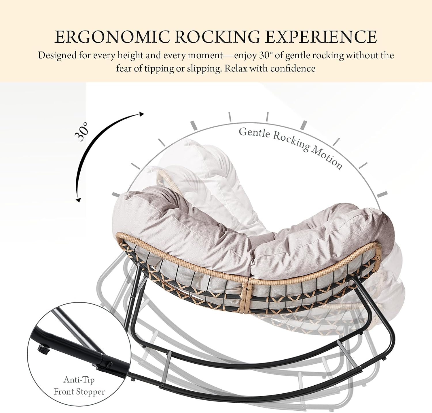 Outdoor Rocking Chair, Oversized Papasan Wicker Lounge Chair with Cushion, Relaxing Patio Rocker, Indoor Reading Egg Chair for Porch, Patio, Bedroom, Garden (Beige)