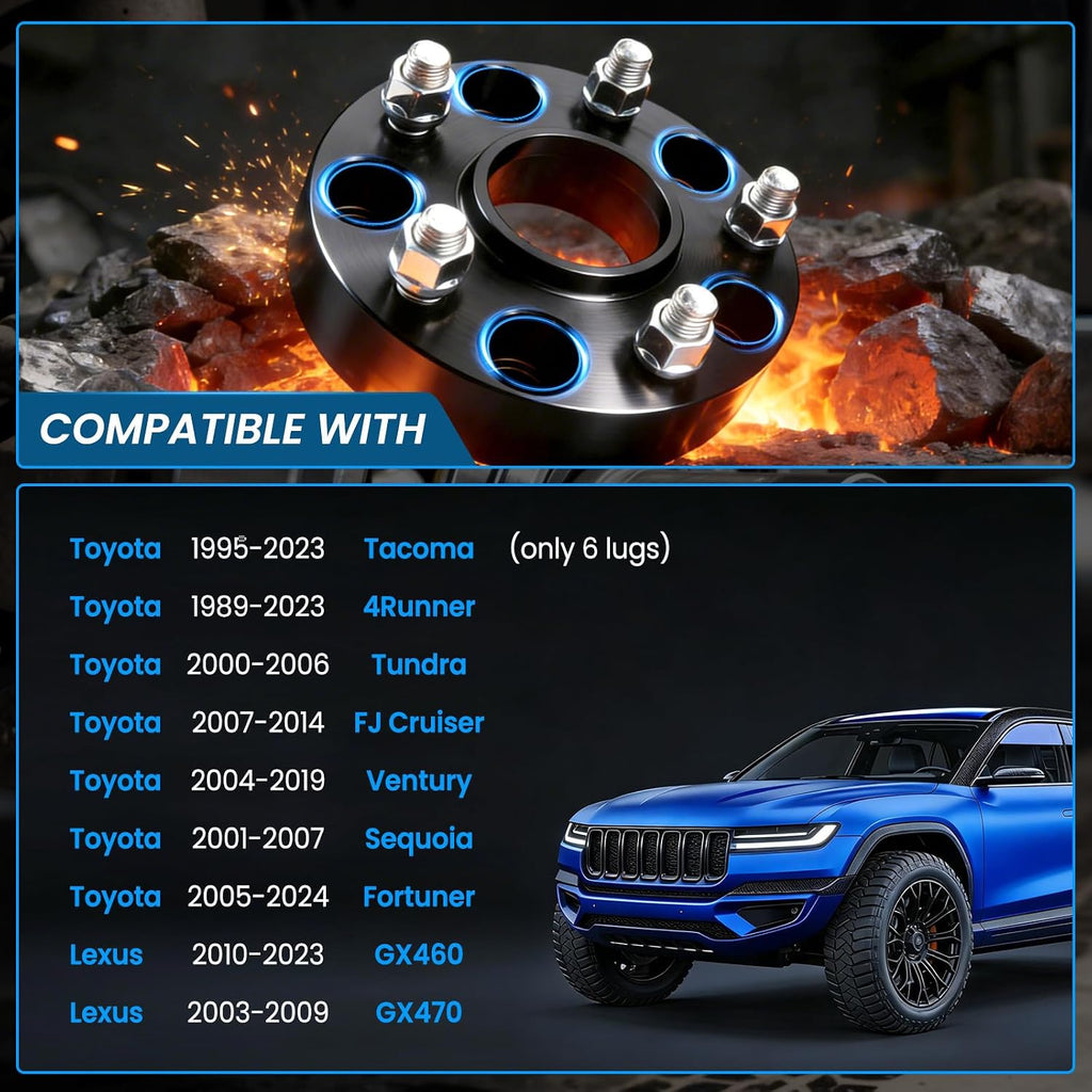 6x5.5 Wheel Spacers Hubcentric Real Forged Spacers Center Bore 106mm M12x1.5 Studs for Tacoma, 2'(50.8mm) 4Runner GX460 Tundra FJ Cruiser GX470 Sequoia Fortuner Ventury for 6 lug Set of 4 Black