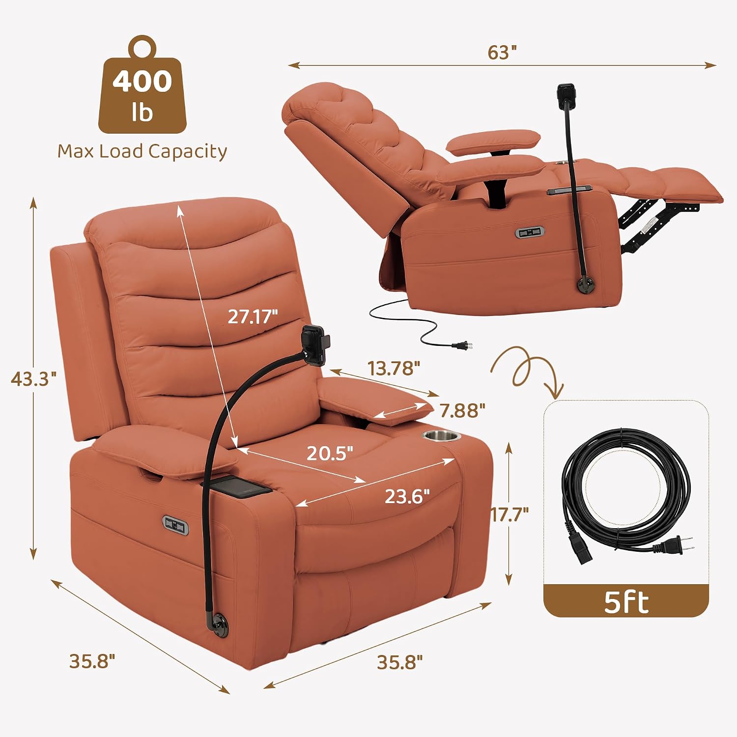 Olela Power Glider Recliner Nursery Chair, PU Leather Swivel Rocking Chair with Electric Lumbar Support, USB Charging, Smart Cup Holder, Light, Adjustable Armrest, Wireless Phone Charger Holder