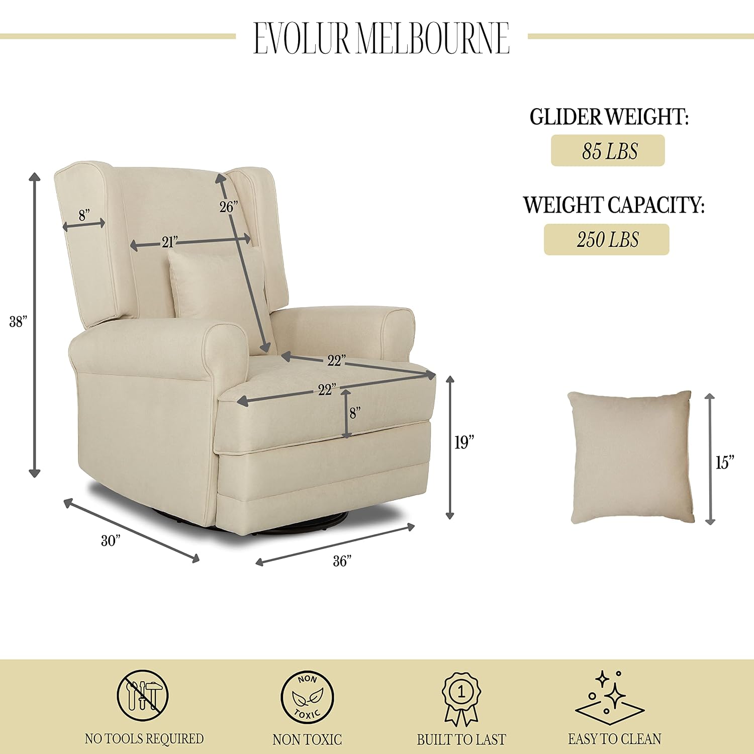 Evolur Melbourne Wing Back Swivel Glider I Nursery Glider I Durable Soft Fabric I Bonus Pillow