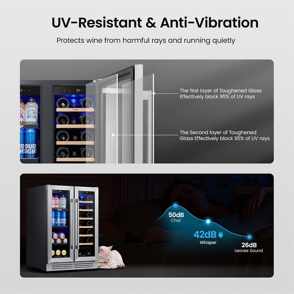 Yeego Wine and Beverage Refrigerator 24', Dual Zone Beverage Cooler Wine Fridge with Upgrade Quiet Cooling, Anti-UV Glass Door, 20 Bottles & 60 Cans Large Capacity, Built-in/Freestanding/Undercounter