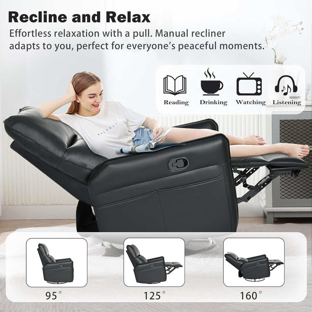 cinkehome Overstuffed Swivel Glider Recliner, Manual Swivel Rocking Recliner, Faux Leather Rocker Recliner Chair, Side Pockets, Black