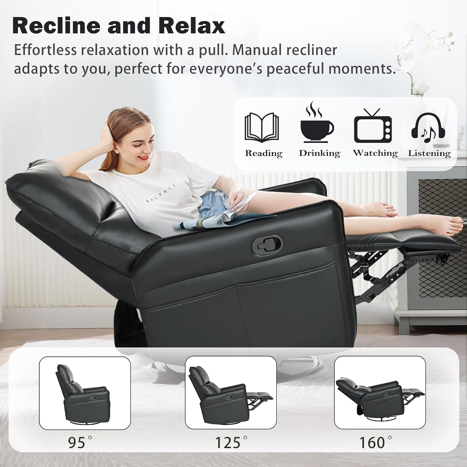 cinkehome Overstuffed Swivel Glider Recliner, Manual Swivel Rocking Recliner, Faux Leather Rocker Recliner Chair, Side Pockets, Black