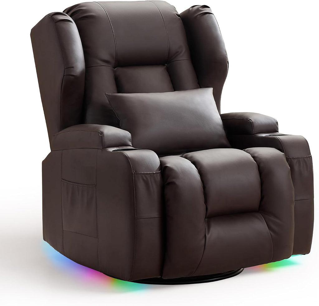 TUNYI Power Recliner Chair - Faux Leather Home Theater Seating Glider Reclining Sofa with Massage & Heat Swivel Rocker Recliner Chair for Living Room with LED Light/USB Port/Lumbar Pillow (PUBrown)
