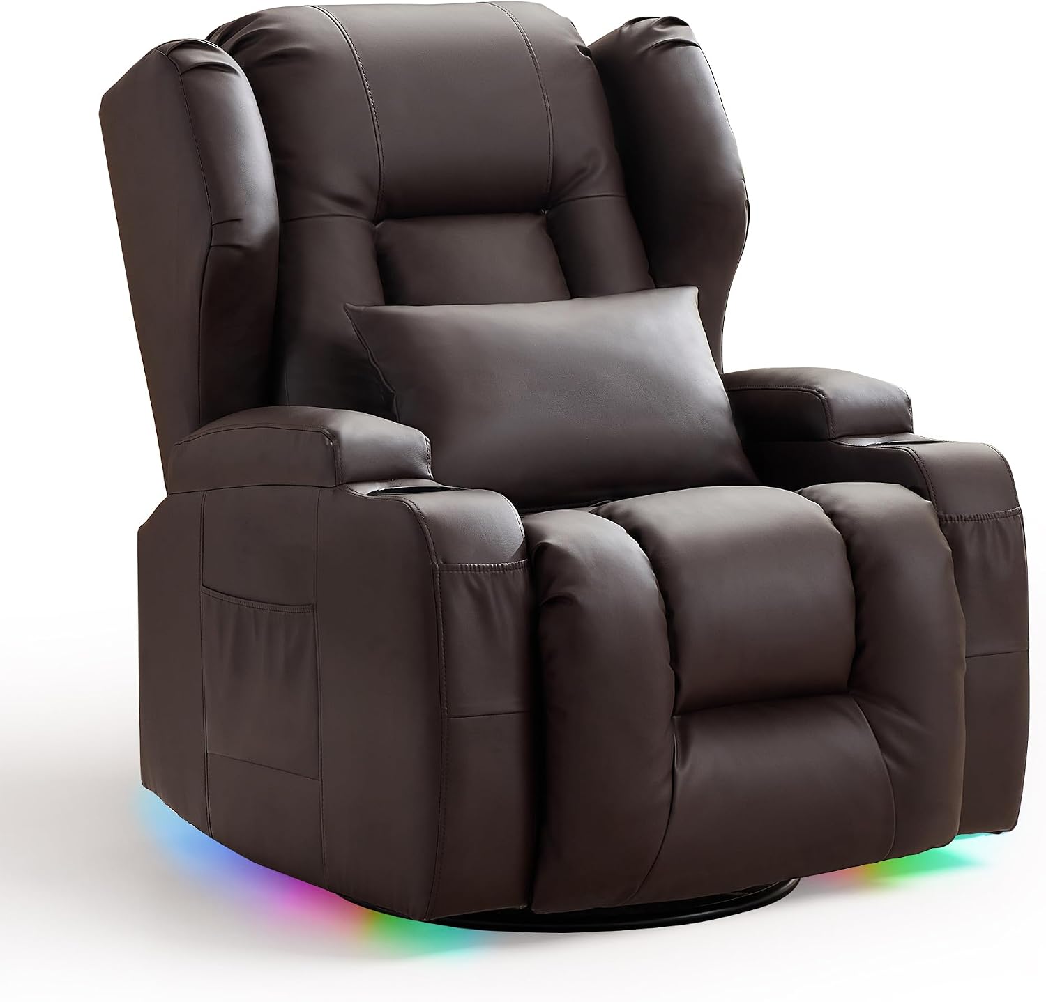 TUNYI Power Recliner Chair - Faux Leather Home Theater Seating Glider Reclining Sofa with Massage & Heat Swivel Rocker Recliner Chair for Living Room with LED Light/USB Port/Lumbar Pillow (PUBrown)