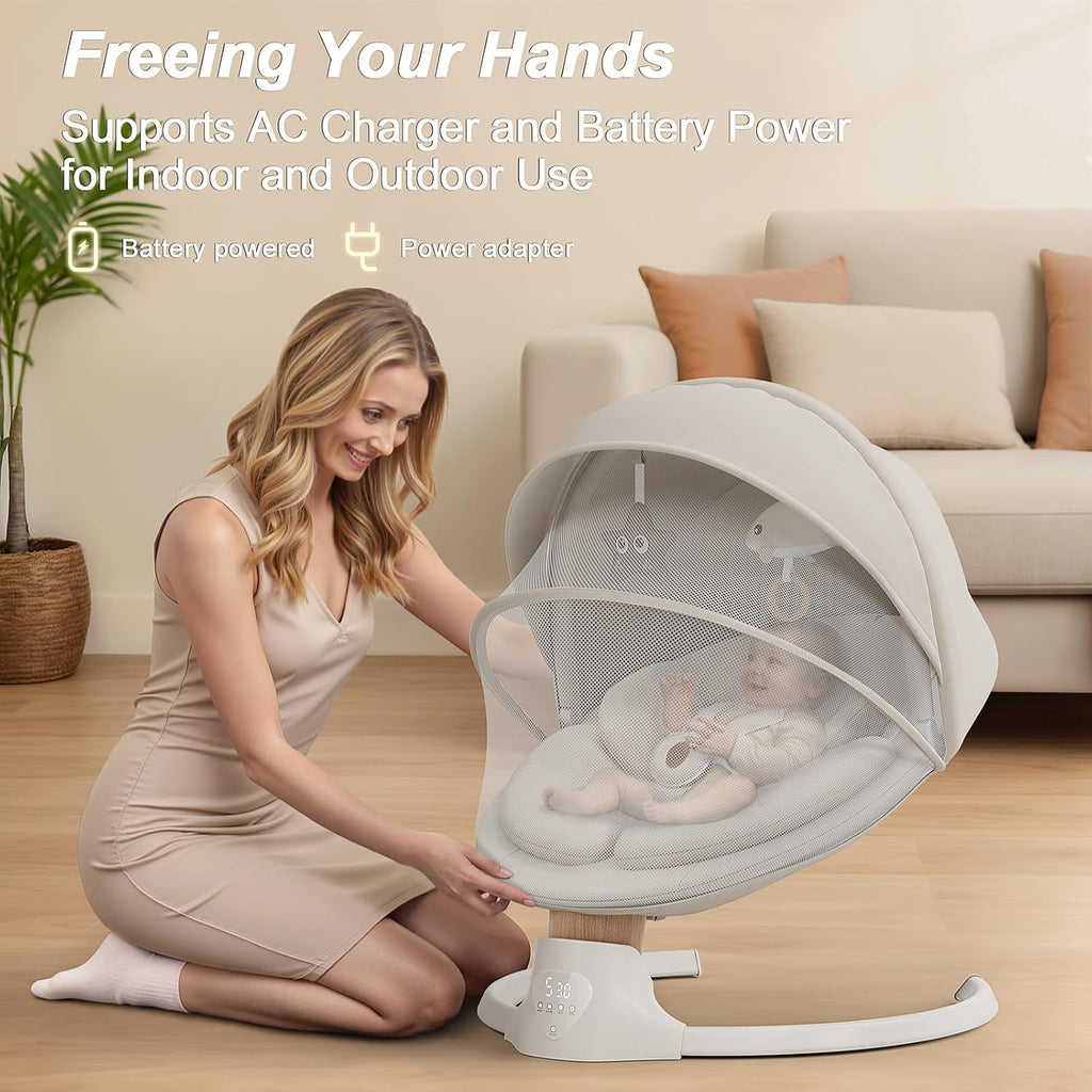 Baby Swings for Infants, FasonBaby Electric Baby Swing with 10 Preset Melodies, 5 Speeds, Remote Control and Bluetooth - Portable Infant Swing for Indoor and Outdoor(Beige)