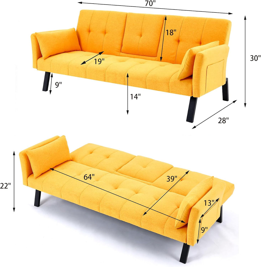 70' Futon Sofa with Cupholders,Adjustable Backrest Cotton Linen with Cup Holders and 2 Throw Pillows Sleeper Sofa for Living Room Apartment Small Space (Pumpkin Yellow)