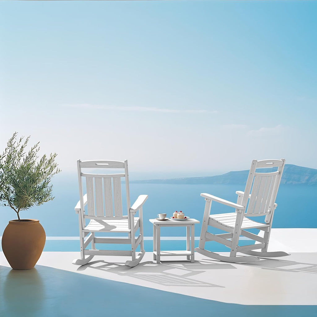 Plawdlik Oversized Outdoor Rocking Chairs 2 Pack - All-Weather HDPE Heavy Duty Patio Rockers with High Back - Modern Style for Porch, Garden - White