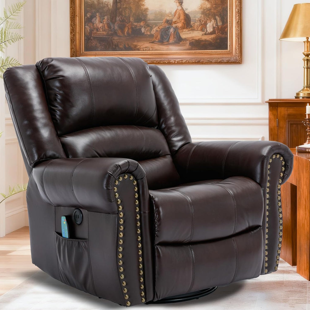 Manual Massage Swivel Rocker Recliner with Heat and Vibration, 360° Swivel Glider Rocking Recliner Chair, Classic Living Room Lounge Recliners with Side Pockets & USB Ports, Brown