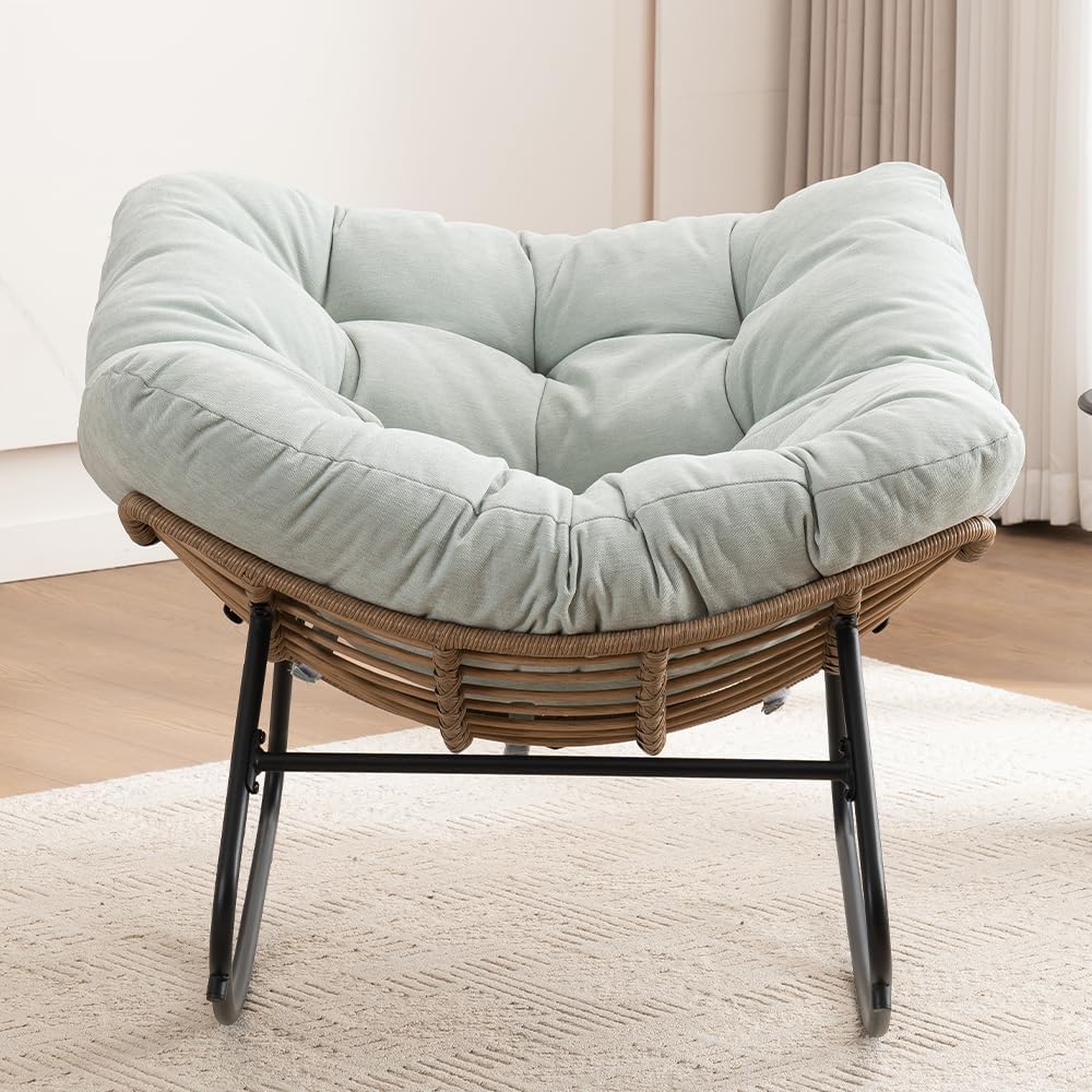 Outdoor Papasan Chair, Oversized Rocking Chair with Cushion and Metal Frame, Patio Lounge Rocking Chair for Balcony Backyard Porch Bedroom Living Room (Light Blue)
