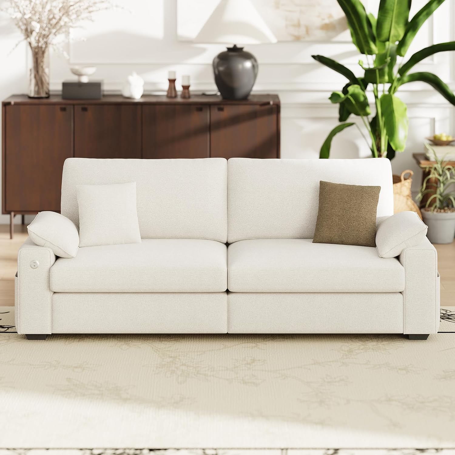 MALOL 89' Loveseat Sofa, Cloud Foam Couch, 3 Seater Upholstered Midcentury Mondern Love Seat with USB Type C Ports, 4 Pillows and Storage Armrest for Living Room/Small Spaces, Beige | Breathable material
