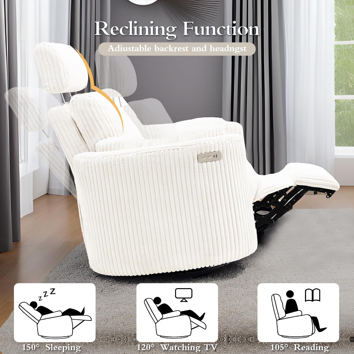 Zenosyne Power Swivel Recliner Rocking Chair Nursery Glider Rocker with Headrest, USB and Type-c Port, Corduroy Electric Reclining Sofa Chair Arm Chair for Living Room (White-2)