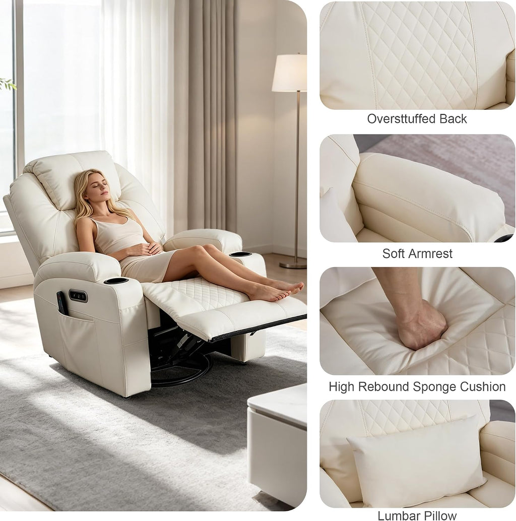 AHMED Rocking Recliner Nursery Chair, Dual Motor Power Swivel Glider Recliner with Heat & Massage, Nursery Recliner Chair with USB A/C Ports, Cup Holders & LED Light for Living Room & Bedroom, Beige