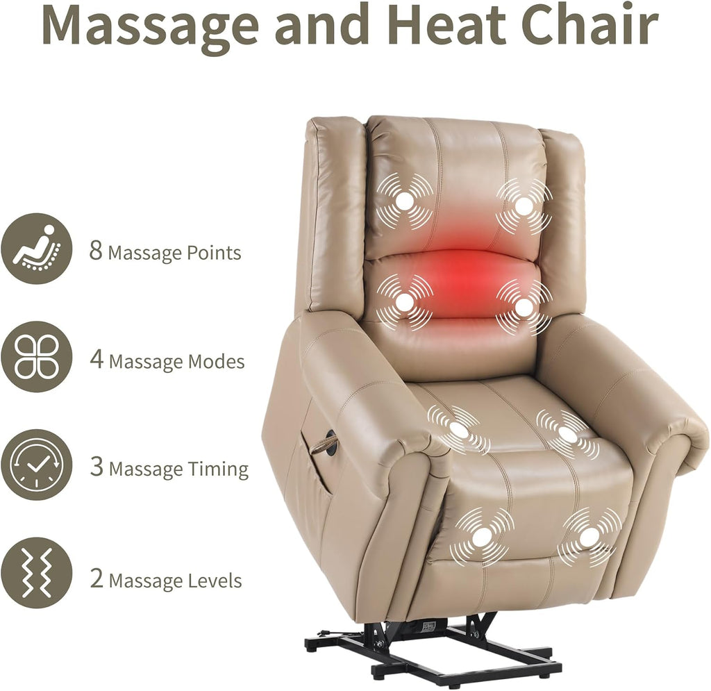 FLEXISPOT Power Lift Recliner Chair for Elderly with Massage & Heat, Faux Leather Electric Reclining Chair for Seniors with USB Ports, Cup Holders & Side Pockets(Medium Size,Light Brown