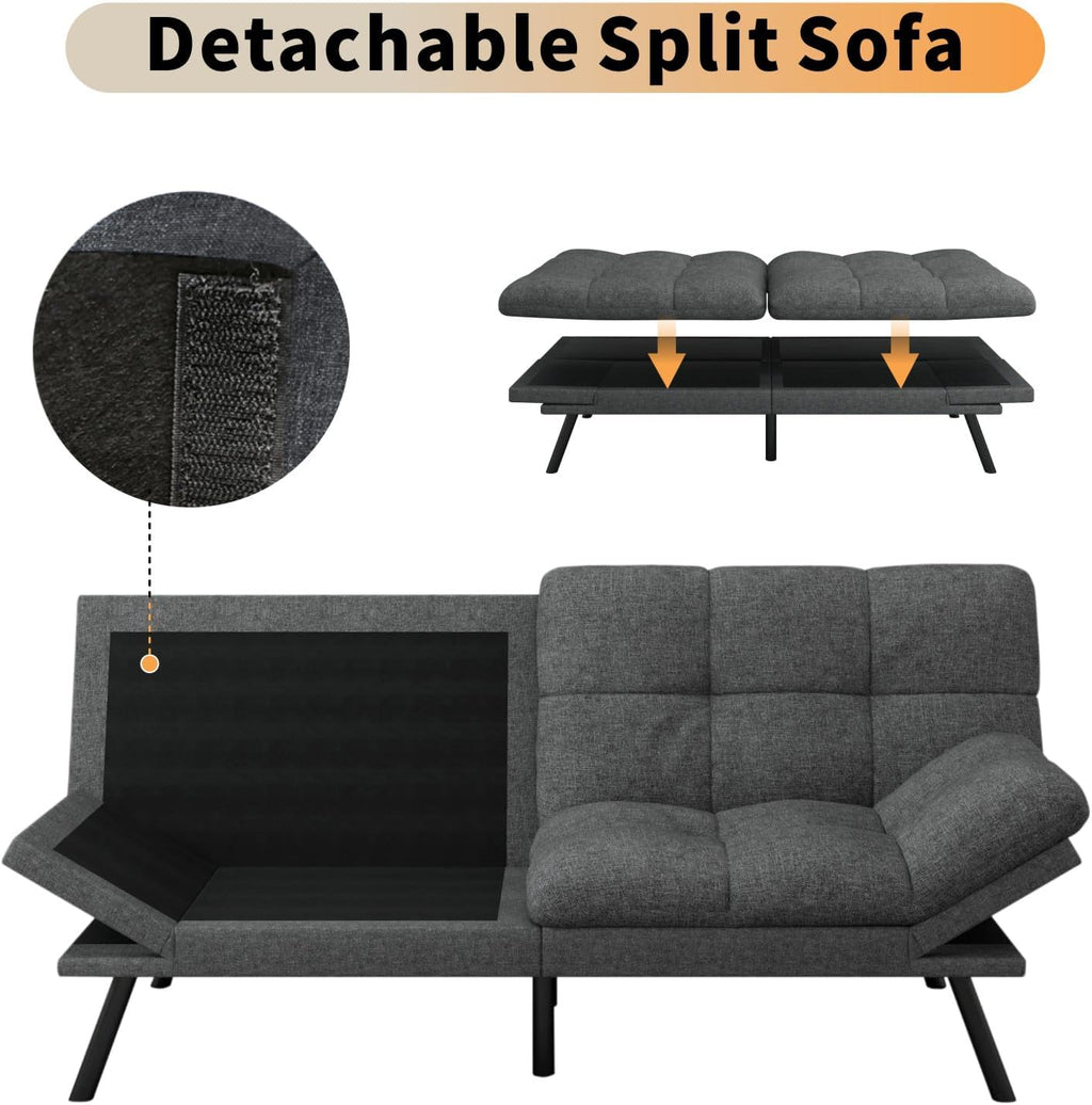 MUUEGM 71' Futon Sofa Bed, Cozy Convertible Loveseat Sleeper, Linen Fabric Couch with Adjustable Back & Arms for Living Room, Guest Room - Charcoal