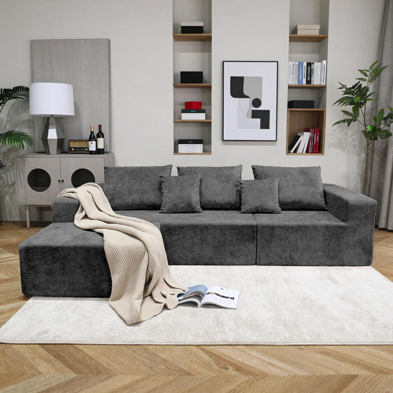 Sytopia 109' L-Shaped Cloud Couch, Boneless Modular Sectional Sofa with Deep Seat for Living Room Bedroom, Modern Floor Couch Chenille, Comfy Sleeper Futon Sofa Bed 40D Foam Furniture, Left Facing