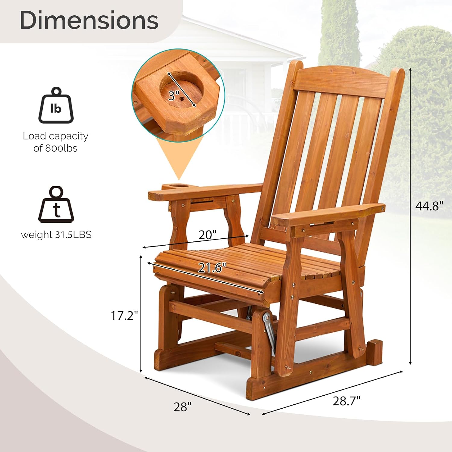 VINGLI Wooden Patio Glider, Heavy Duty 600 LBS Outdoor Glider with Cup Holders, Single Wooden Glider Bench with High Backrest for Garden, Yard, Patio, Teak