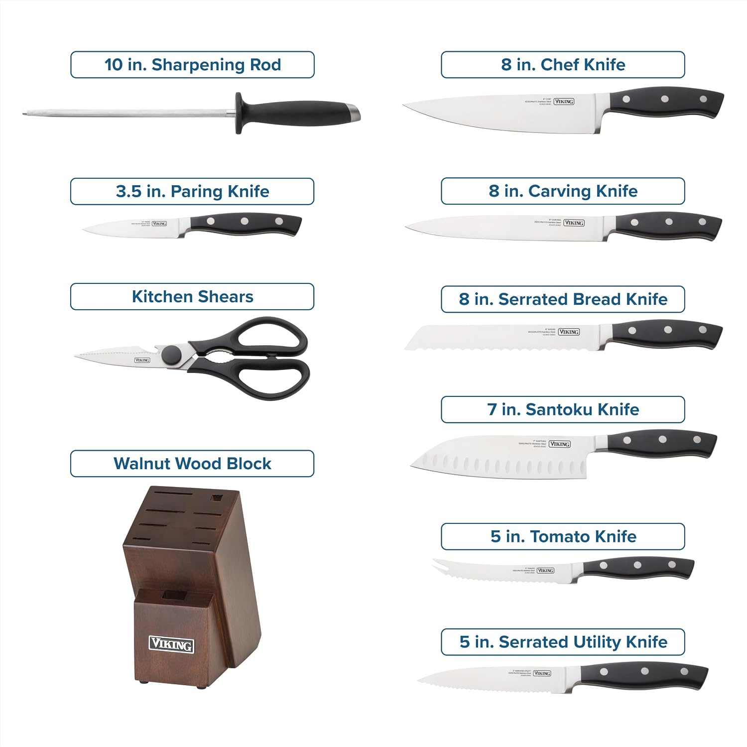 Viking Kitchen Knives Set, 10 Piece Full Forged Cutlery Set with Walnut Knife Block, Stainless Steel Blades and Ergonomic Handles, Dishwasher Safe