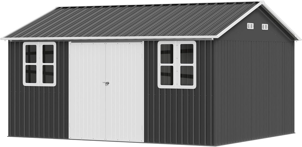 VanAcc 12 x 14FT Outdoor Storage Shed with a Lockable Hinged Door and 2 Windows, Nordic Cottage Metal Shed for Backyard, Garden, Patio, Dark Grey/White
