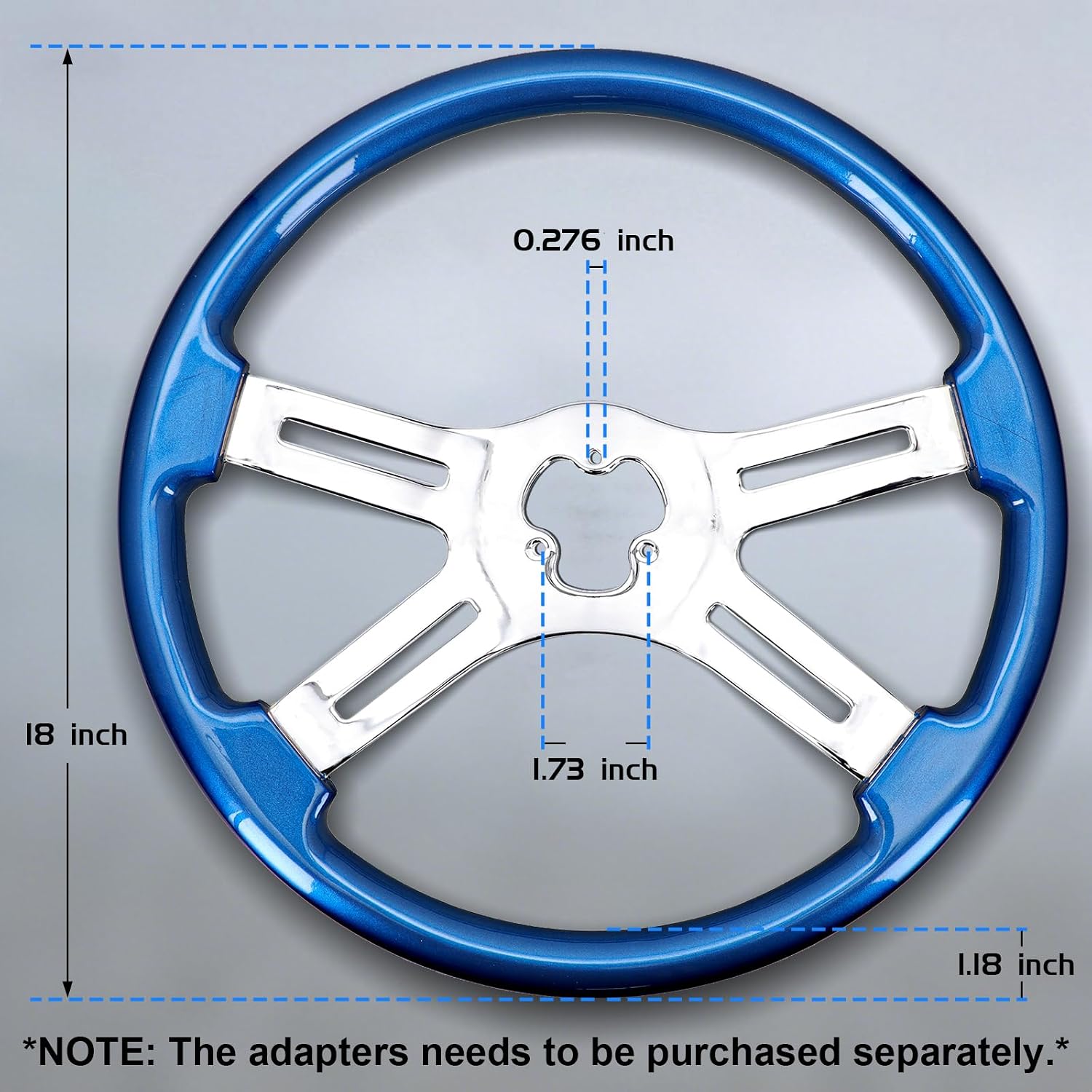 Sorghum 18' Solid Wood Steering Wheel - 4 Spokes Aluminum Chrome Classic Steering Wheel with Horn Button for Semi-Trailers Trucks Compatible with Mack Kenworth Peterbilt Volvo Freightliner-Blue