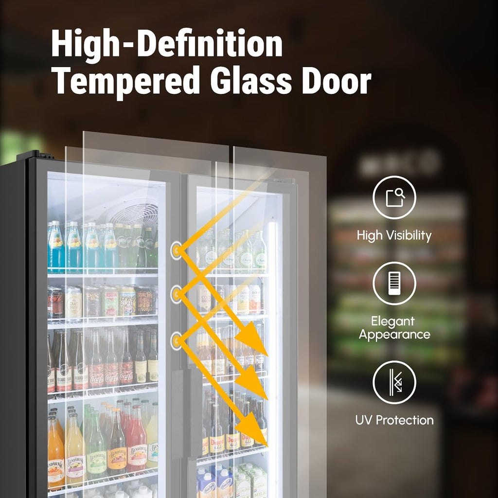 Yeego Commercial Refrigerators - 27.1 Cu.Ft 2 Glass Doors Commercial Beverage Refrigerator with LED Light & Adjustable Shelves, 32-50°F Commercial Cooler for Stores Bakery Bar Offices Restaurants