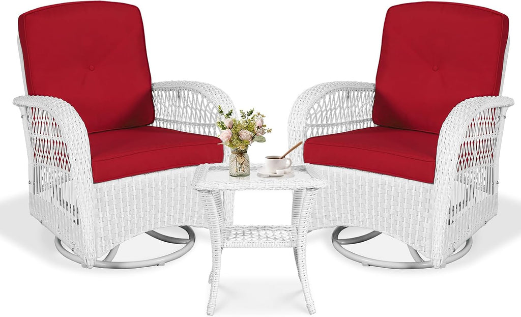 VIVIJASON 3-Piece Outdoor Conversation Bistro Set, Patio Swivel Glider Rocking Chairs Rattan Furniture Sets w/ 2 White Rattan Chairs, Glass Top Side Table for Porch Backyard, Red Cushions