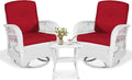 VIVIJASON 3-Piece Outdoor Conversation Bistro Set, Patio Swivel Glider Rocking Chairs Rattan Furniture Sets w/ 2 White Rattan Chairs, Glass Top Side Table for Porch Backyard, Red Cushions
